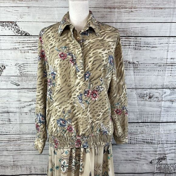 Alfred Dunner Mismatch 2pc Blouse Skirt Set size 8 Tan Floral Granny Core Modest - Picture 2 of 16